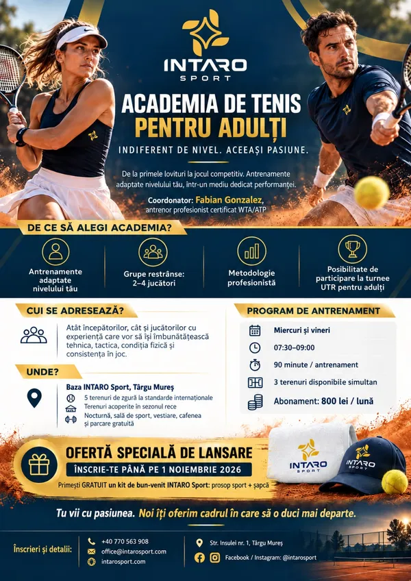 Afișul Academiei de tenis pentru adulți: program, preț și condiții de înscriere.